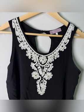 Harper Black Beaded Embroidered Necklace Detail Tank | Boho Glam Open Back | S